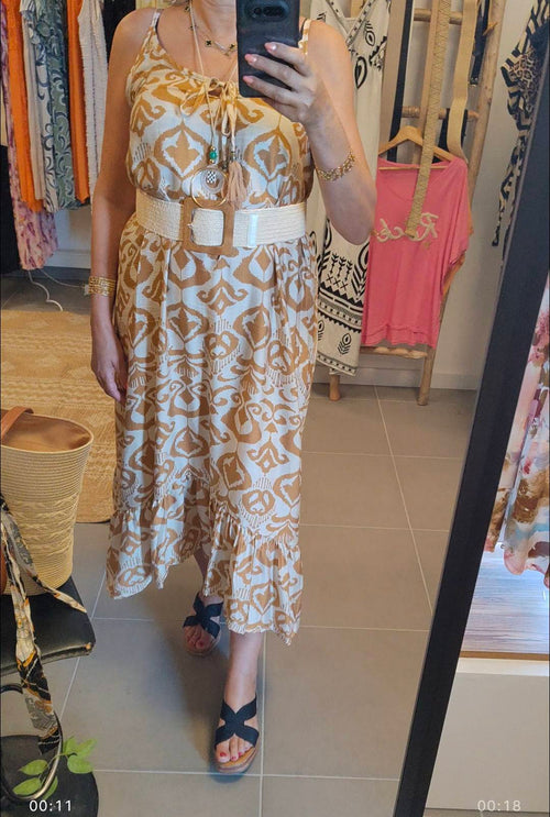 Robe Longue Asymétrique à Bretelles – Imprimé Ikat Chic